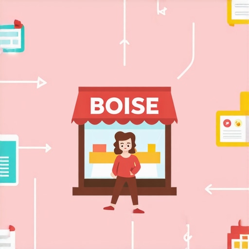 Boise Local SEO Elements Conceptual image showing Boise business with SEO icons surrounding it.