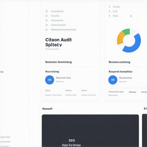 A screenshot illustrating various local SEO management tools on a computer monitor, highlighting citation, review, and keyword analytics