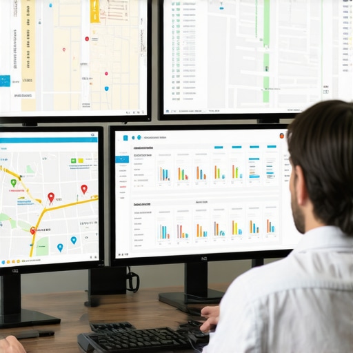 Person reviewing Boise SEO analytics on multiple monitors with maps and charts
