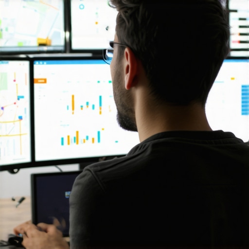 Person examining Boise SEO analytics dashboards with city map and charts.