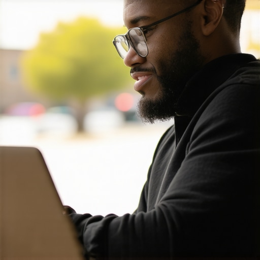Business owner optimizing Google My Business profile on a laptop inside Boise shop.